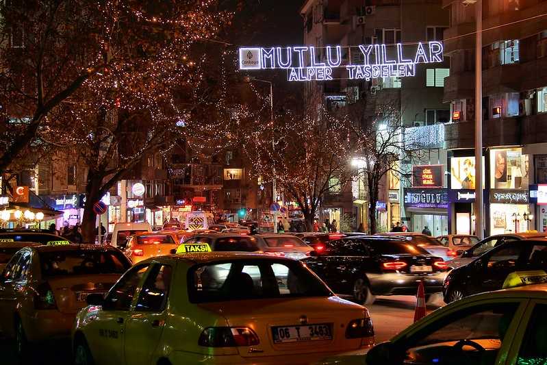 Taxis on a road in a neighborhood of Ankara